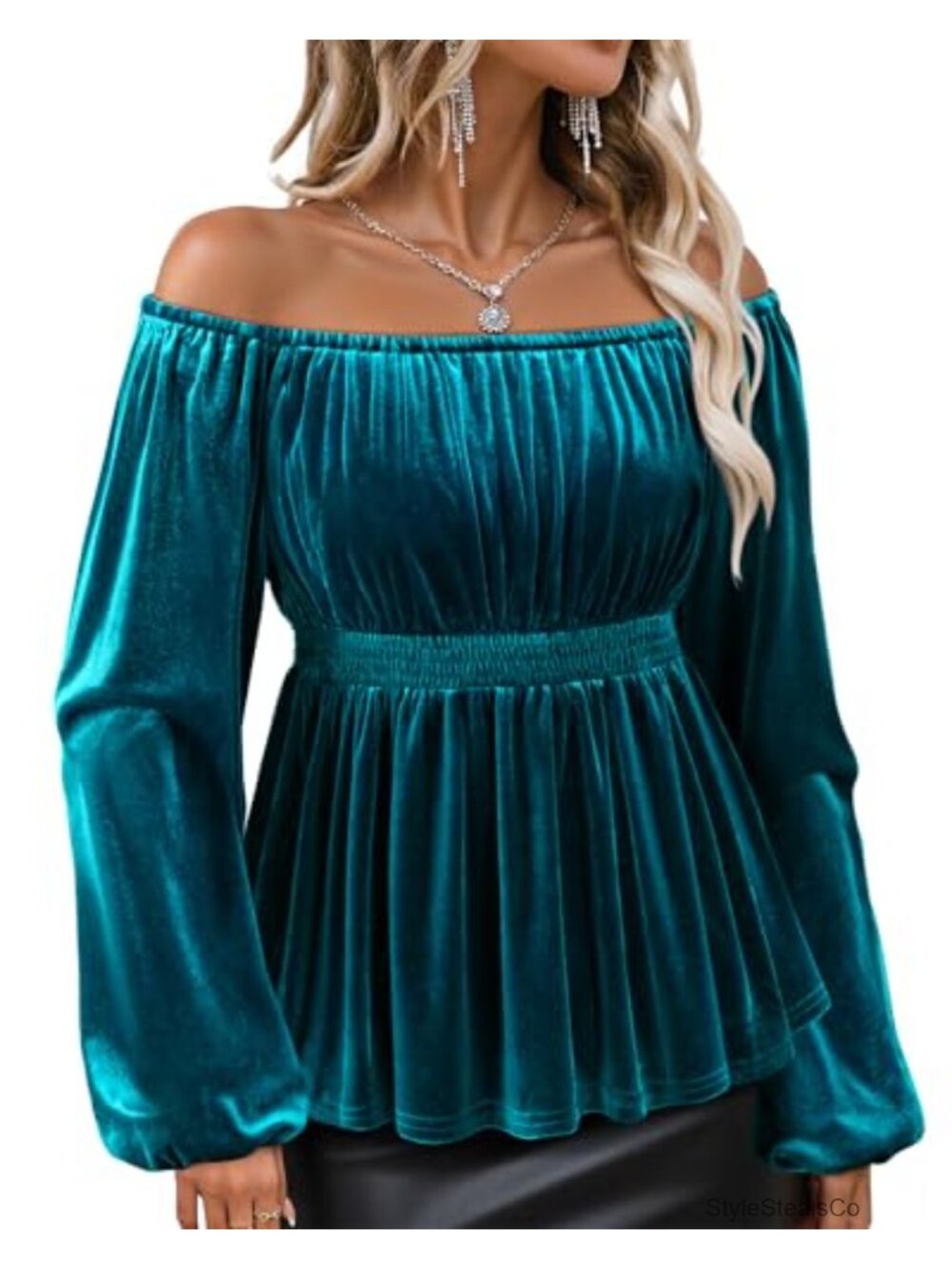 Velvet Off The Shoulder Peplum Blouse Long Sleeve Ruffle Tunic Top